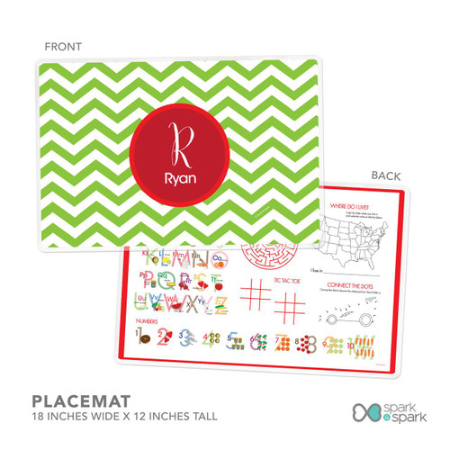 Spark & Spark Green Xmas Chevron Kids Placemat, colorful green and white chevron pattern with a red circle in the center featuring the letter R and the name Ryan, designed for children's dining.