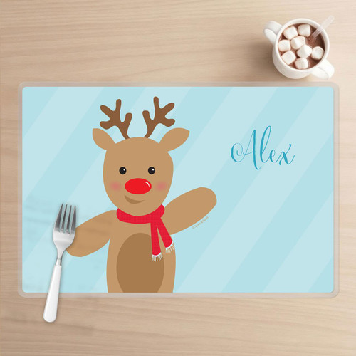 Spark & Spark Sweet Reindeer - Blue Kids Placemat, illustrated reindeer's face with a red nose, antlers, and a red scarf, on a blue background with the name 'Alex' in elegant blue script.