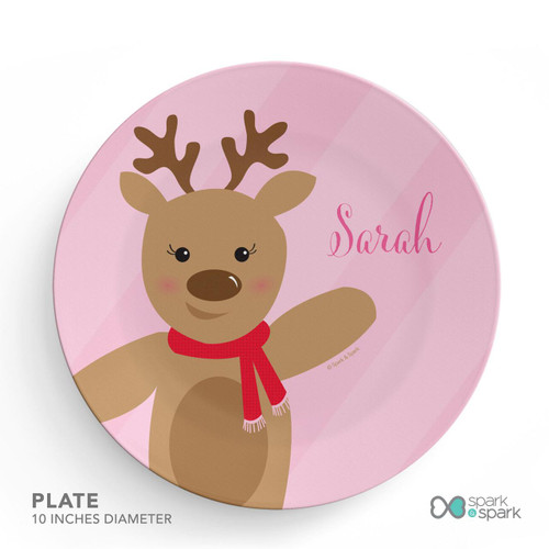 Spark & Spark Sweet Reindeer - Pink Kids Placemat, round pink children's placemat featuring a cute reindeer with a red scarf and the name Sarah written on it.