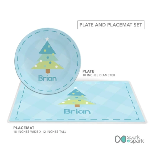 Spark & Spark Modern Xmas Tree - Blue Kids Placemat, blue Christmas tree themed kids placemat with colorful ornaments and the name Brian, featuring a circular plate and rectangular placemat suitable for children's holiday table setting.