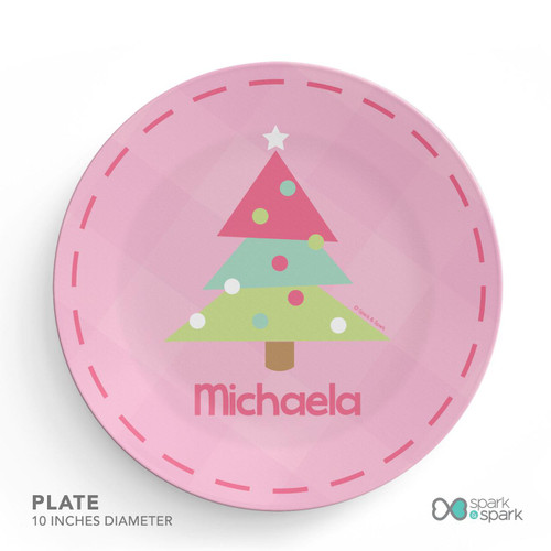 Spark & Spark Modern Xmas Tree - Pink Kids Placemat, pink round kids placemat featuring a Christmas tree design decorated with colorful ornaments and the name 'Michaela' printed at the bottom.