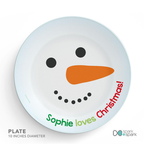 Spark & Spark I love Christmas Time Kids Placemat, a round white plate with a snowman face design and festive holiday text.
