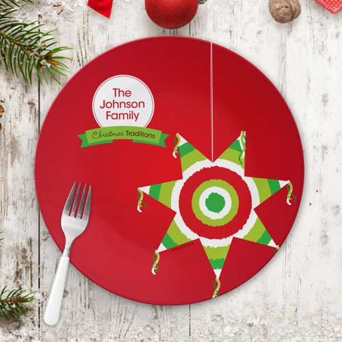 Spark & Spark The Pinata Tradition Holiday Placemat, festive red holiday placemat with a green, red, and white piñata design and customizable family name