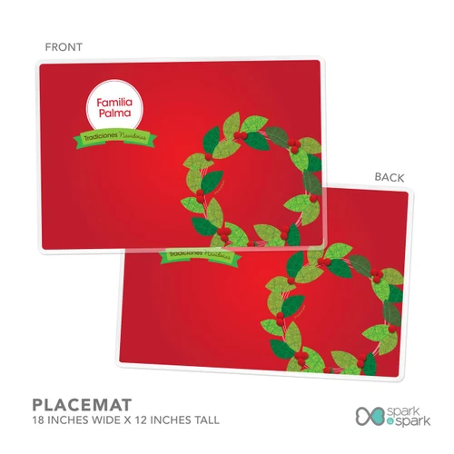 Spark & Spark La Tradicion de la Corona Holiday Placemat, red holiday placemat with a decorative green holly wreath design and festive text.