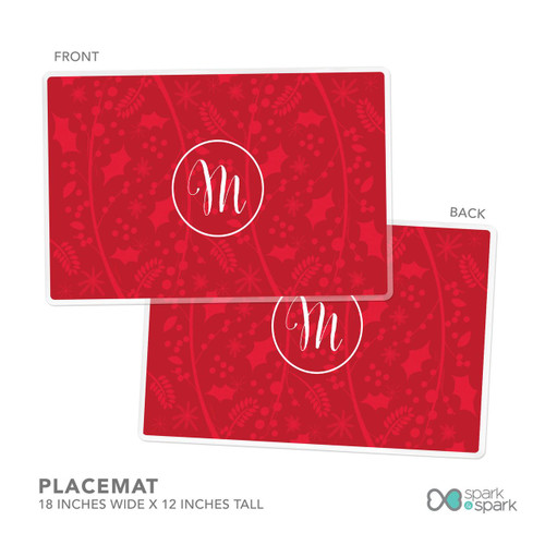 Spark & Spark Christmas Initial Holiday Placemat, red holiday-themed placemat with holly and berry design, customizable with initial monogram in the center.