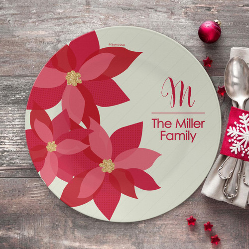 Spark & Spark Shiny Poinsettas Holiday Placemat, round placemat with red poinsettia flowers and 'M The Miller Family' text design for Christmas celebration.