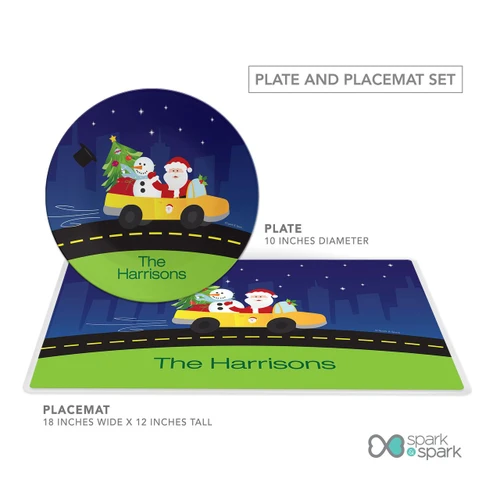 Spark & Spark Santa In His Cool Ride Holiday Placemat, colorful holiday-themed placemat featuring Santa, a snowman, and a Christmas tree on a yellow car with a cityscape background.