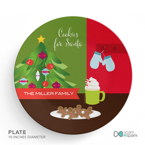 Spark & Spark Xmas Cookies And Cocoa Holiday Placemat, Christmas themed plate with decorated Christmas tree, cookies, hot cocoa, and mittens design.