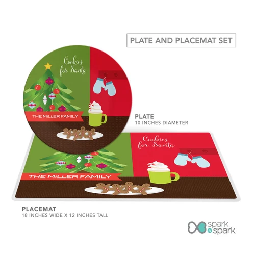 Spark & Spark Xmas Cookies And Cocoa Holiday Placemat, festive holiday placemat featuring a decorated Christmas tree, mug of hot cocoa, gingerbread cookies, and holiday-themed designs.