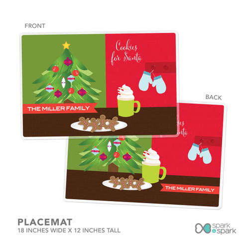 Spark & Spark Xmas Cookies And Cocoa Holiday Placemat, festive holiday placemat with a Christmas tree, hot cocoa, gingerbread cookies, and holiday mittens design.