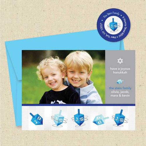 Shown with optional bright blue envelope and matching return address label