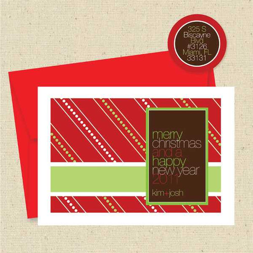 Shown with optional red envelope and matching return address label