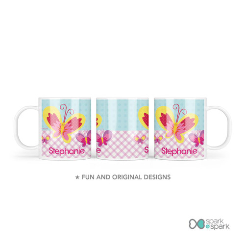 Personalized girls mug Smiley Butterfly — Large smiling pink butterfly bright — Personalized toddler gift, custom name, 11oz, BPA free, microwave safe