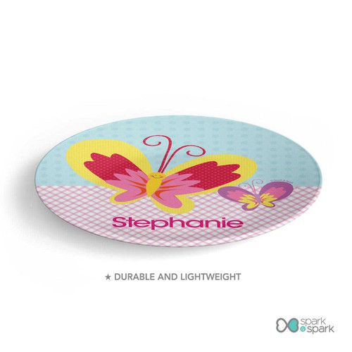 Personalized girls plate Smiley Butterfly — Large smiling pink butterfly bright — Unique personalized kids gift, custom name, 10in round, BPA free