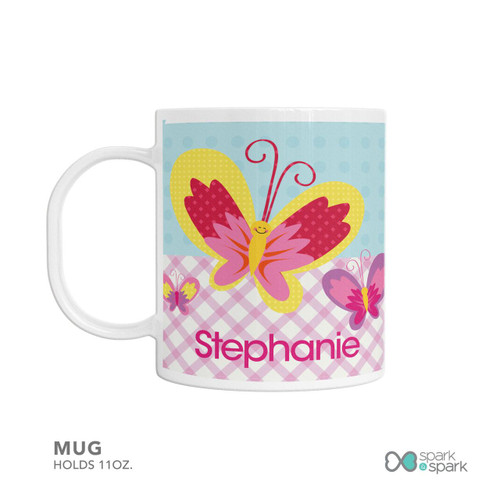 Personalized girls mug Smiley Butterfly — BPA free kids mug — Large smiling pink butterfly bright, custom name, 11oz, BPA free, microwave safe