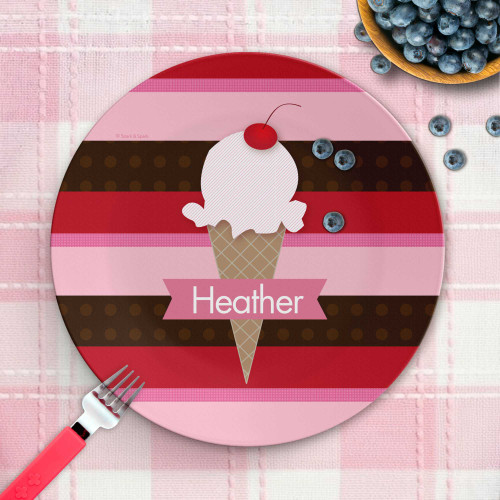 Back to school gift kids - Strawberry Cone plate with pink strawberry ice cream cone, personalized name, custom name, 10in round, BPA free