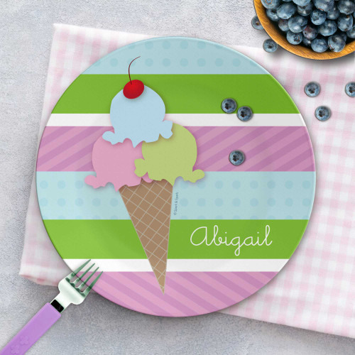 Personalized kids dinnerware - Yummy Ice Cream personalized plate showing colorful stacked ice cream scoops, custom name, 10in round, BPA free