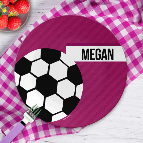 Toddler self feeding plate for girls - Soccer Fan Purple plate with soccer ball purple and pink, custom name, 10in round, BPA free, dishwasher safe