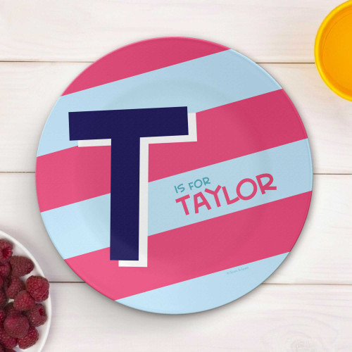 Personalized girls plate Double Initial Stripes Blue - Personalized kids plate - Blue stripe background double monogram, custom name, 10in round