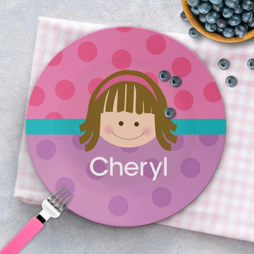 Custom kids plate for girls - Just Like Me Girl Pink plate with cute girl character on pink, custom name, 10in round, BPA free, dishwasher safe