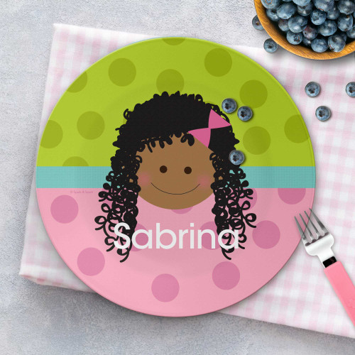 Personalized name plate kids for girls - Just Like Me Girl Green plate with cute girl character on green, custom name, 10in round, BPA free