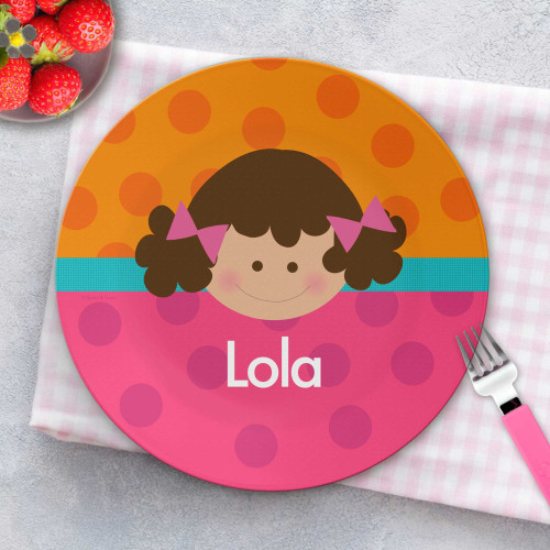 Toddler birthday gift - Just Like Me Girl Orange personalized plate showing cute girl character on orange, custom name, 10in round, BPA free
