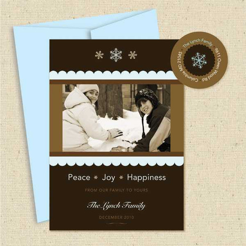 Shown with light blue envelope and matching return address label