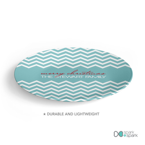 Fancy Zig Zags Blue Personalized Christmas plates