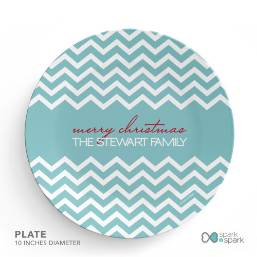 Fancy Zig Zags Blue Personalized Christmas plates
