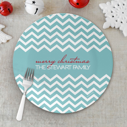 Fancy Zig Zags Blue Personalized Christmas plates