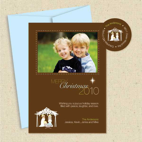 Shown with light blue envelope and matching return address label