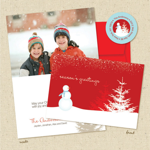 Shown with red envelope and matching return address label