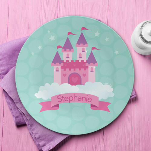 First birthday gift personalized - A Castle In The Sky plate with pink fairytale castle floating among, personalized name, custom name, 10in round