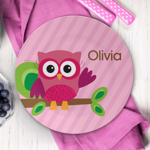 Personalized girls plate Owl Be Yours Pink - Cute pink owl on tree - Personalized christmas gift kids, custom name, 10in round, BPA free