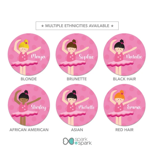 Personalized kids plate with pink ballerina design and name Maya on polka dot background