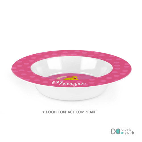 Personalized kids bowl with pink ballerina design and name Maya on polka dot background