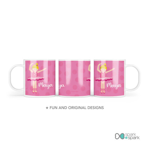 Personalized kids cup with pink ballerina design and name Maya on polka dot background