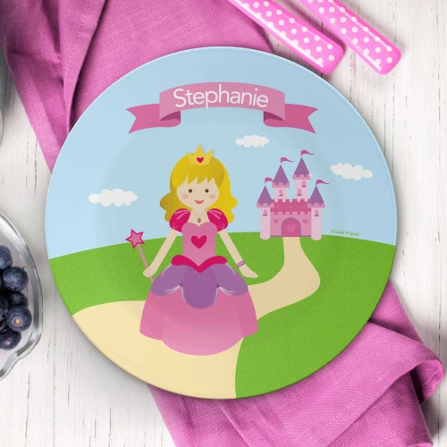 Personalized kids plate with royal character castle scene and name Stephanie on a banner