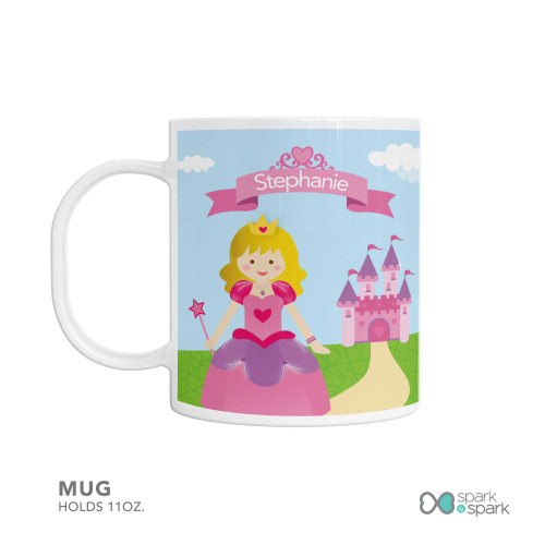 Personalized kids mug with royal character castle scene and name Stephanie on a banner