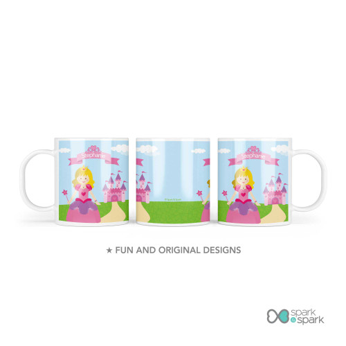 Personalized kids cup with royal character castle scene and name Stephanie on a banner