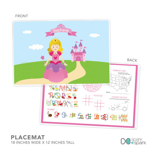 Personalized kids placemat with royal character castle scene and name Stephanie on a banner