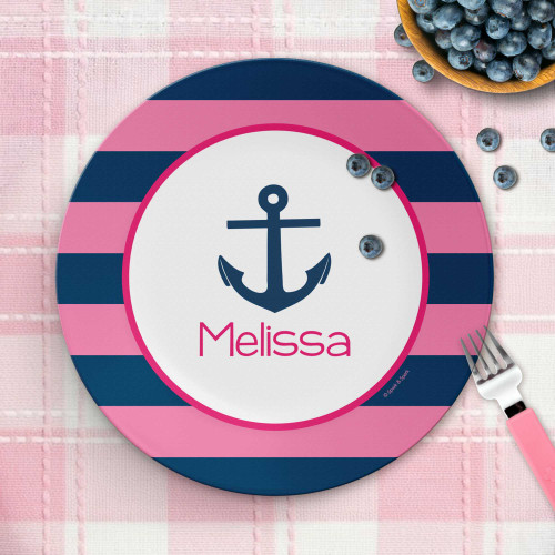 Custom baby shower gift - Lets Sail Pink plate with pink sailboat on nautical ocean, personalized name, custom name, 10in round, BPA free