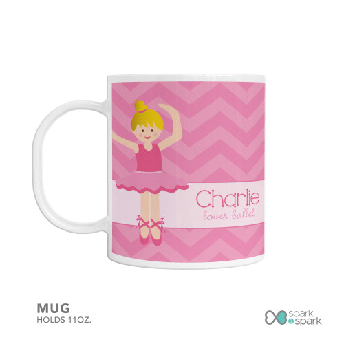 Personalized kids mug with sweet ballerina in pink tutu and ballet shoes featuring the name Charlie