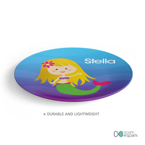 Personalized kids plate with cute blonde mermaid ocean background and name Stella on blue gradient