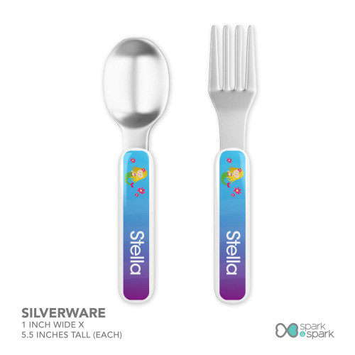 Personalized kids silverware with cute blonde mermaid ocean background and name Stella on blue gradient