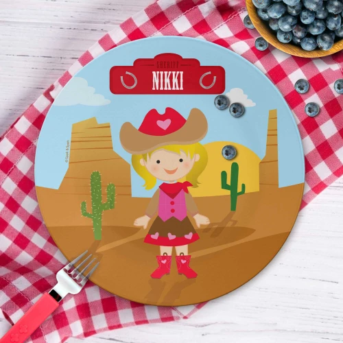 Personalized kids plate with cowgirl western desert scene cactus and name Nikki on sheriff sign