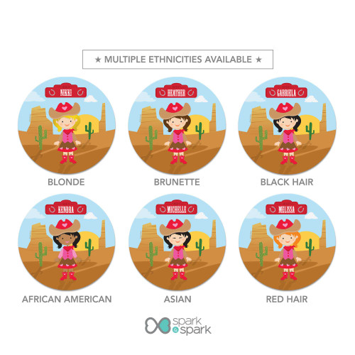 Personalized kids plate with cowgirl western desert scene cactus and name Nikki on sheriff sign