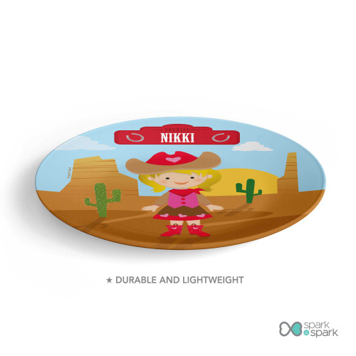 Personalized kids plate with cowgirl western desert scene cactus and name Nikki on sheriff sign