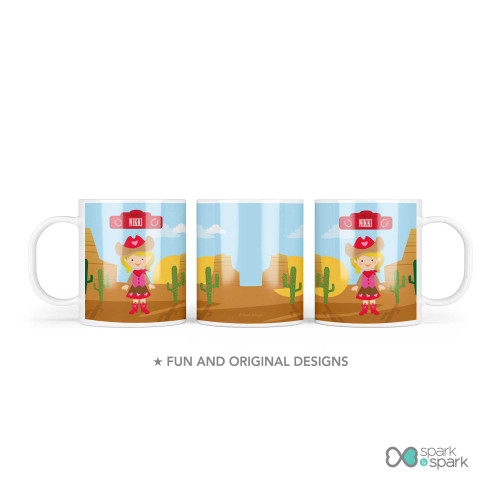 Personalized kids cup with cowgirl western desert scene cactus and name Nikki on sheriff sign