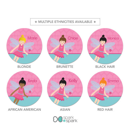 Personalized kids plate with pink fairy girl wings wand and name Marie on heart background